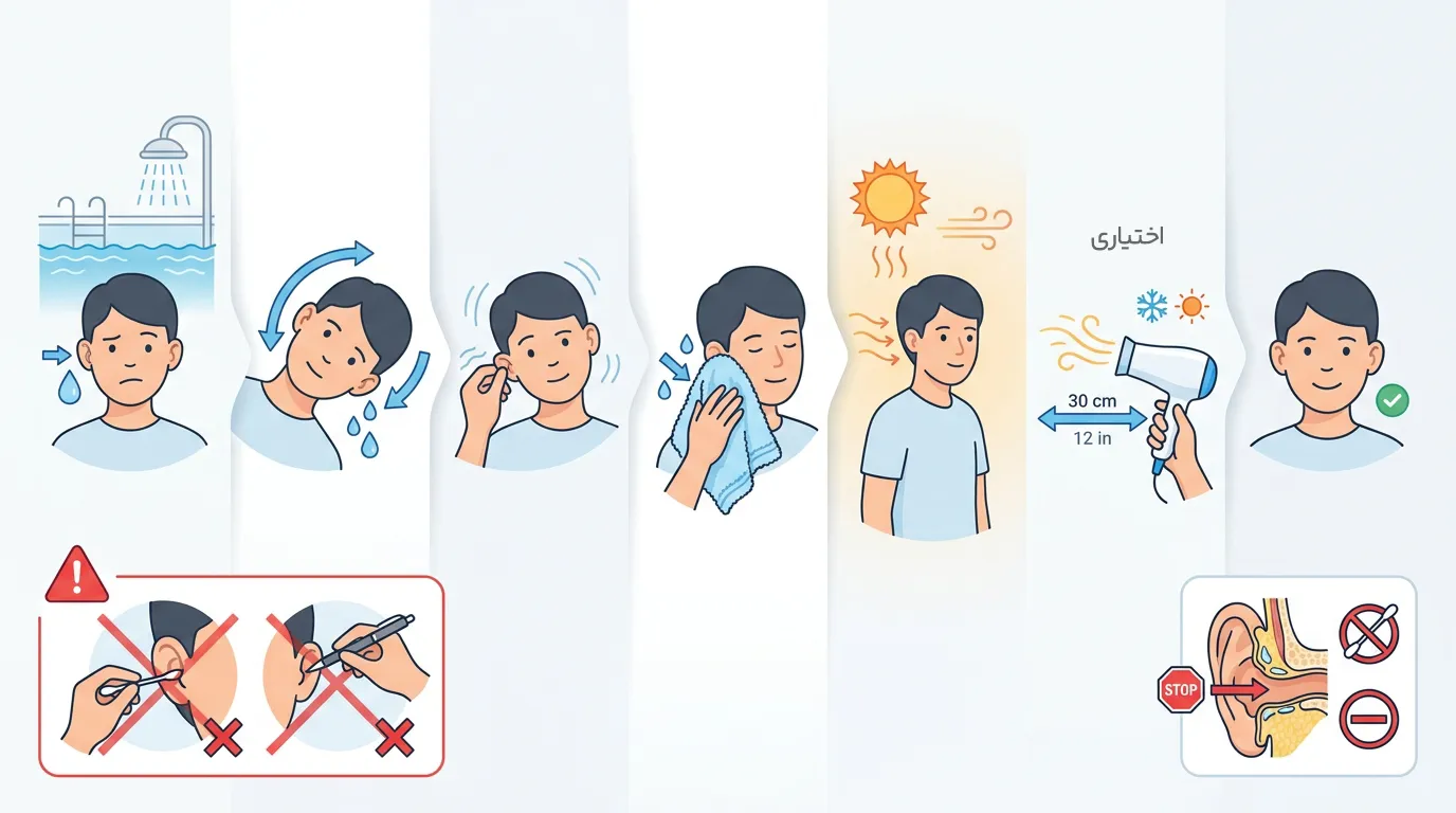 اینفوگرافیک آب داخل گوش را چگونه خشک کنیم؟