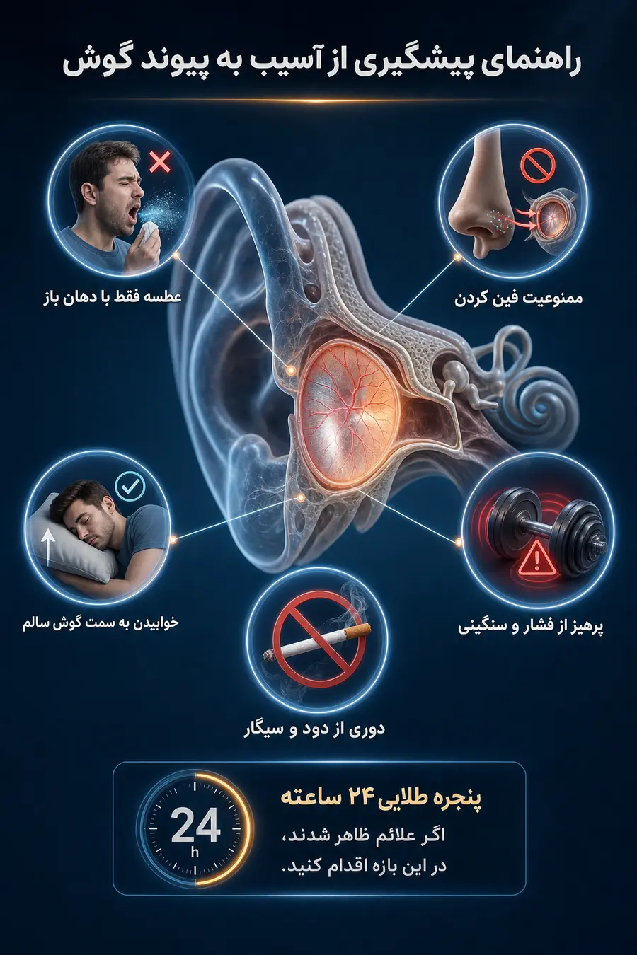 اینفوگرافیک علائم هشداردهنده بعد از تمپانوپلاستی | چه زمانی باید فوری مراجعه کرد؟